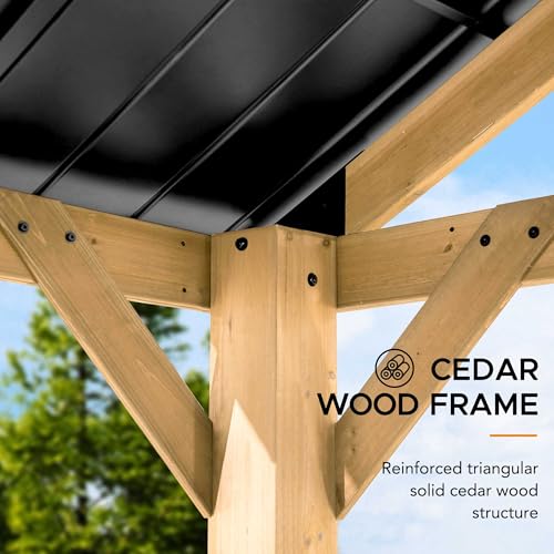 Sunjoy 13x15 ft Wood Gazebo with Black Steel Hardtop Roof and Natural Cedar Frame