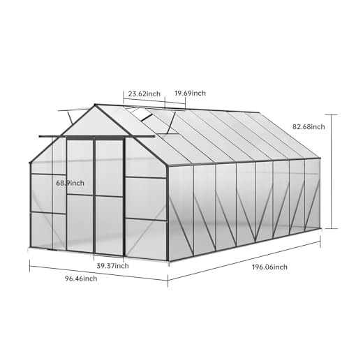 Garvee Heavy Duty Polycarbonate Greenhouse with Sliding Door and Adjustable Vent Window 8x16 FT Gray
