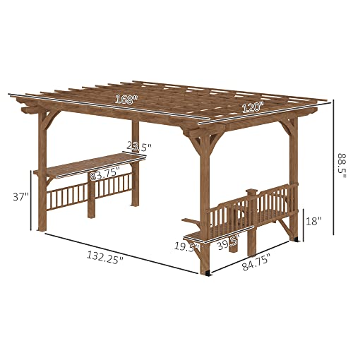 Outsunny 14' x 10' Outdoor Pergola Wooden Grill Gazebo with Bar Counters and Seating Benches Brown