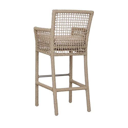Benzara 31 Inch Outdoor Bar Stool Chair, Rope Woven, Ivory Olefin Fabric Seat, Brown
