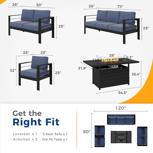Solaste Aluminum Patio Furniture Set with Fire Pit Table, 5 Piece Modern Outdoor Set Blue