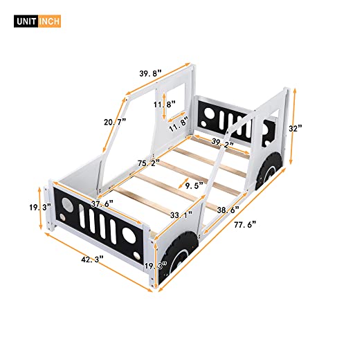 Winwee Twin Car-Shaped Platform Bed Frame with Wheels, White