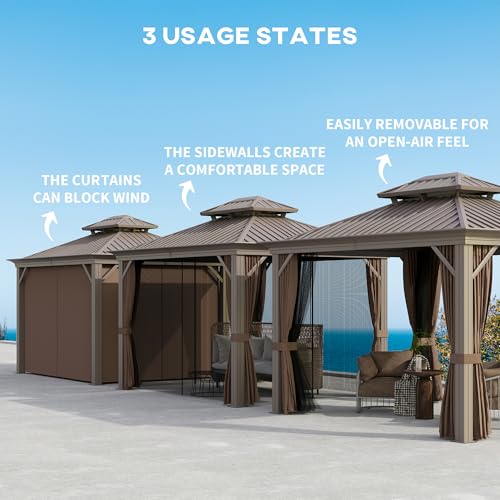 Outsunny 10' x 12' Hardtop Gazebo with Curtains and Netting Coffee