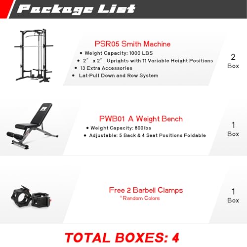 RitFit Smith Machine Power Rack with LAT-Pull Down System, Landmine, Barbell Bar, Plate Storage Pegs Black