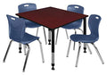 Regency Kee Height Adjustable Classroom Table Set with Four 18" Andy Chairs, Mahogany/Navy