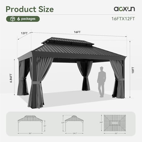 Aoxun 12' x 16' Permanent Hardtop Aluminum Gazebo with Double Roof, Curtains & Netting Gray
