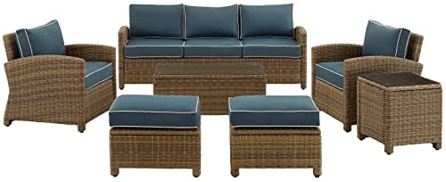 Crosley Furniture Bradenton 7-Piece Outdoor Sofa Set Weathered Brown with Navy Cushions