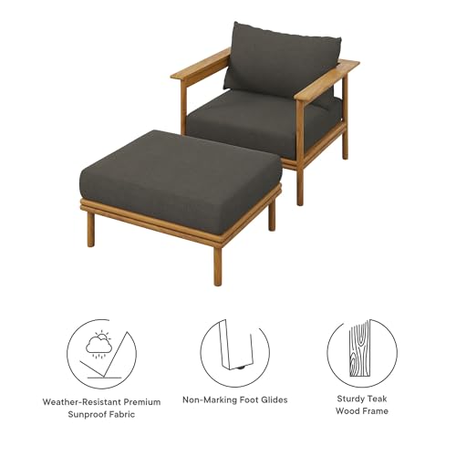 Modway Wren Teak Wood Outdoor Patio Armchair and Ottoman Set Natural Flint Gray
