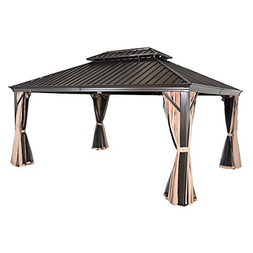 Patio Tree 12' x 16' Aluminum Frame Outdoor Gazebo Tent with Mosquito Net and Polyester Curtain