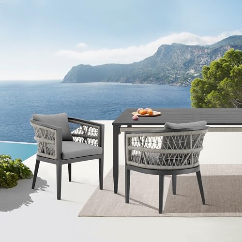 Armen Living Zella Outdoor Patio Dining Chair Set of 2 Aluminum Light Gray Rope with Earl Gray Cushions