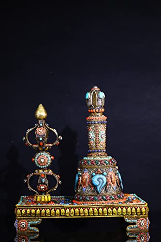 Generic Tibetan Silver Gilt Mosaic Gem Dzi Beads Vajra Rattle Bell Set 17