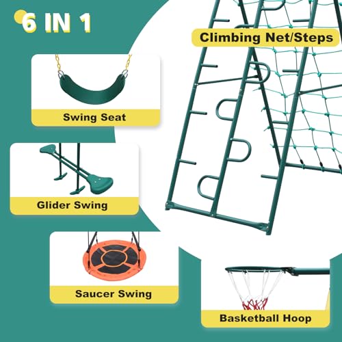 HaoKang 6-in-1 Metal Swing Set with Saucer, Belt, Glider, Net & Hoop Green