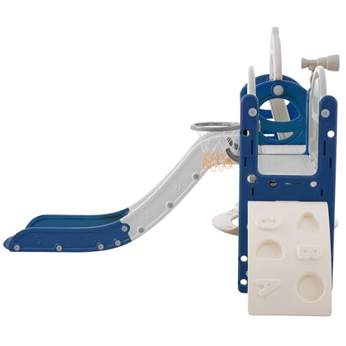 KOZYSFLER 8-in-1 Toddler Slide and Swing Set with Basketball Hoop Grey/Blue/White