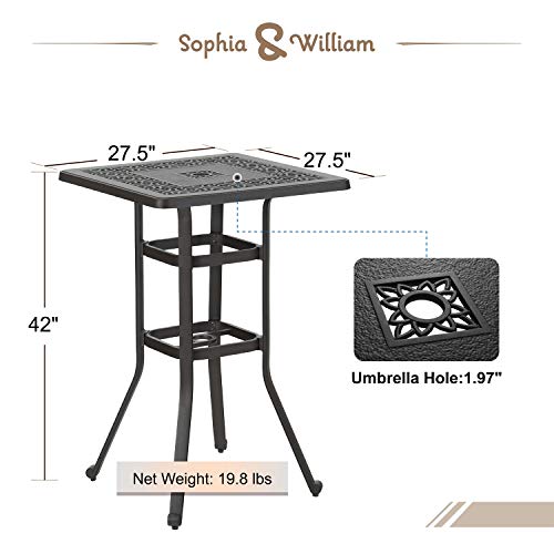 Sophia & William 3 Pieces Cast Aluminum Patio Bar Set with Square Bar Table and 2 Swivel Chairs