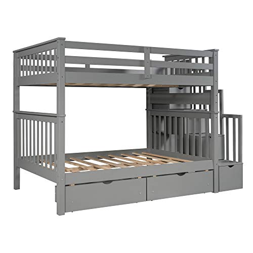 Harper & Bright Designs Full Over Full Bunk Bed with Storage Drawers and Stairway Grey