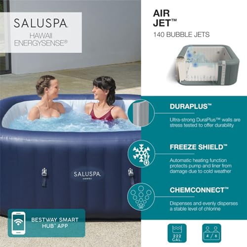 Bestway SaluSpa Hawaii AirJet Inflatable Hot Tub 6 Person with 140 Jets, Blue & Gray