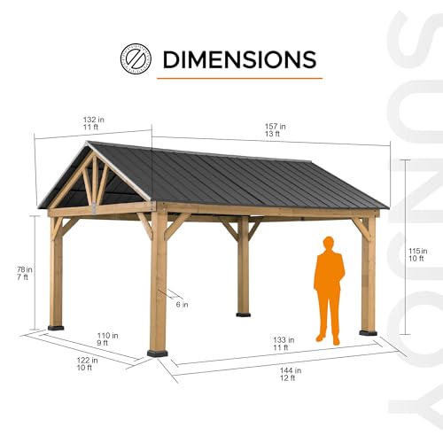 Sunjoy 13x15 ft Wood Gazebo with Black Steel Hardtop Roof and Natural Cedar Frame