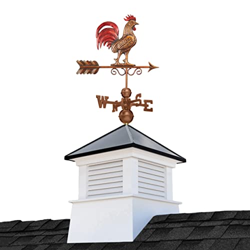 Good Directions 18" Square Manchester Vinyl Cupola with Black Aluminum Roof and Copper Bantam Red Rooster Weathervane White/Red/Black
