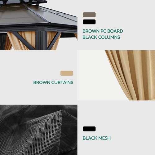 YITAHOME 10x12FT Hard-Top Double Roof Gazebo Canopy with Netting and Curtains Brown