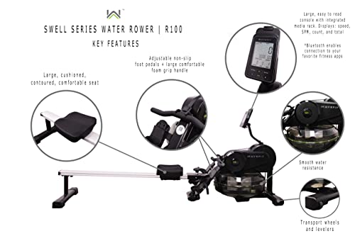 WaveFit Swell Series Water Rower R100 Indoor Rowing Machine with Bluetooth Connectivity, 300 lb Weight Capacity