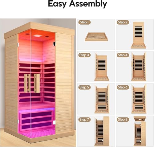 HAOYAYA Indoor Far Infrared Sauna Canadian Hemlock Single Person Spa with Oxygen Bar, 7 Color Therapy, 1420W Low-EMF