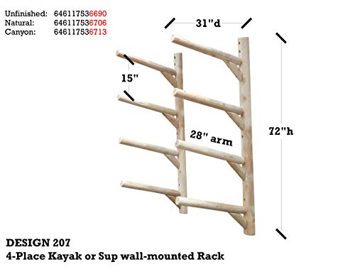 Log Kayak Rack 4-Place Kayak/SUP Wall-Mounted Rack Unfinished