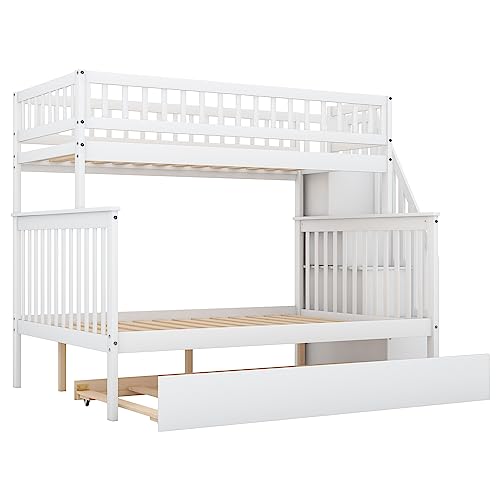 BOVZA Wooden Twin Over Full Bunk Bed with Trundle & Storage Staircase White