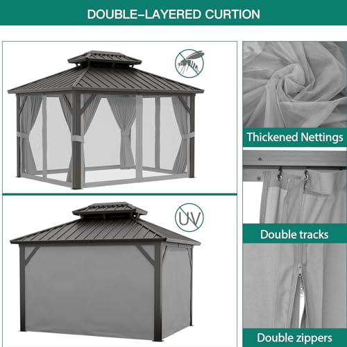 GAOMON Hardtop Double Roof Gazebo with Netting and Curtains Gray