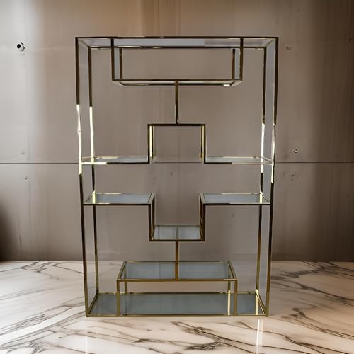 Benzara Adena 75 Inch Tall Plant Stand Geometric Metal Shelves Gold
