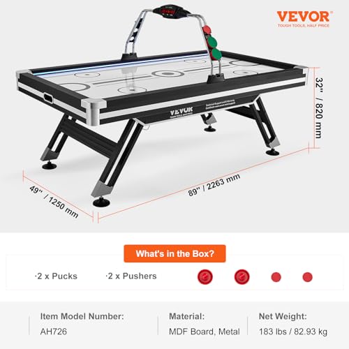 VEVOR Air Hockey Table 89" with Electronic Score System, LED Sports Game, 2 Pushers, 2 Pucks - Black and White