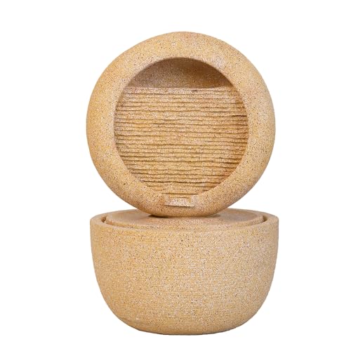 Kaimei Cement Tabletop Fountain with Light and Pump, 2-Tiered Indoor/Outdoor Decor Beige+Yellow