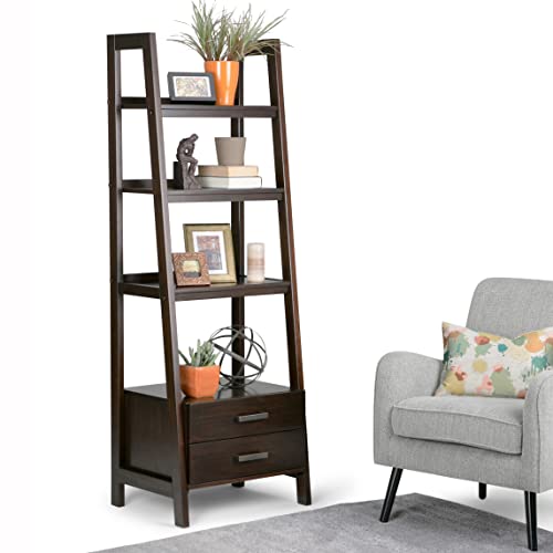 SIMPLIHOME Sawhorse 24" Solid Wood Ladder Shelf Dark Chestnut Brown