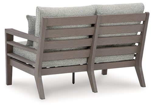 Signature Design by Ashley Hillside Barn Weather Resistant Outdoor Loveseat with Cushion and Pillows Light Brown & Light Gray