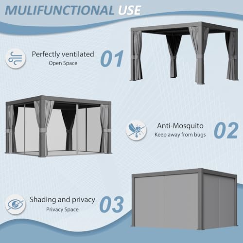 Aoxun Louvered Pergola 10x12ft Outdoor Aluminum Adjustable Roof Gray