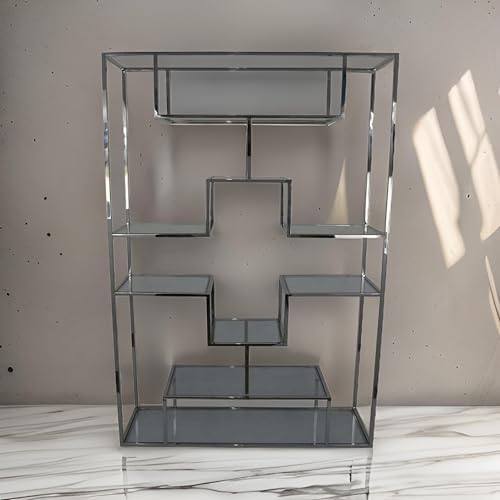 Benzara Adena 76 Inch Tall Plant Stand Geometric Style Metal Shelves Silver