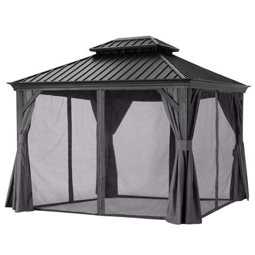 ABCCANOPY Hardtop Gazebo 10x12 Outdoor Metal Pavilion with Netting and Curtain Dark Gray
