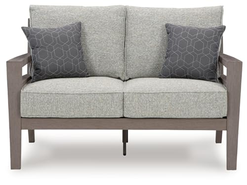 Signature Design by Ashley Hillside Barn Weather Resistant Outdoor Loveseat with Cushion and Pillows Light Brown & Light Gray