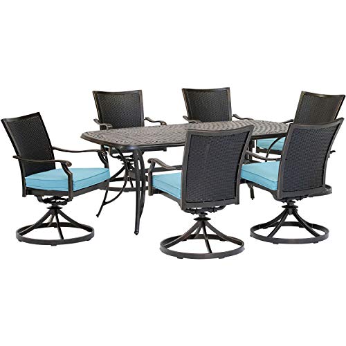 Hanover Traditions 7-Piece Outdoor Dining Set with 6 Blue Cushioned Wicker Back Swivel Rocker Chairs and Cast Table