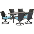 Hanover Traditions 7-Piece Outdoor Dining Set with 6 Blue Cushioned Wicker Back Swivel Rocker Chairs and Cast Table