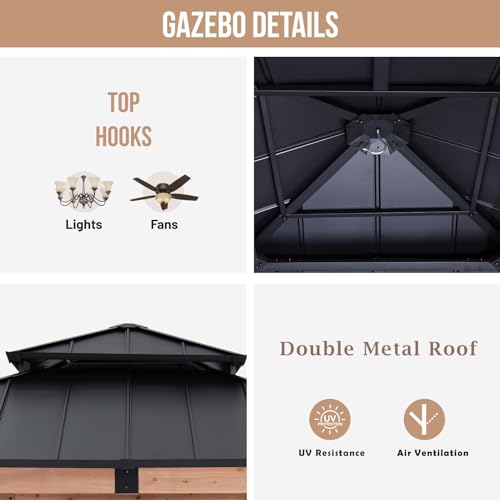 ABCCANOPY Wood Gazebo 11x11 Black - Outdoor Patio Wooden Gazebo with Hardtop Metal Double Roof