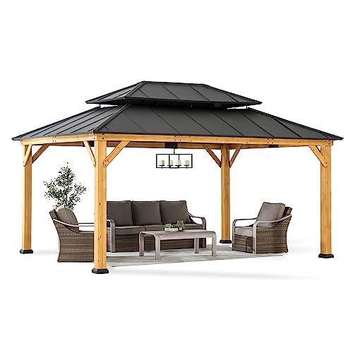 Sunjoy 12x16 ft Wood Gazebo Outdoor Patio Cedar Framed Steel Hardtop Dark Brown + Natural Wood