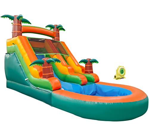 awesmflate Commercial Inflatable Water Slide for Kids Adults, 21FT Big Backyard Waterslide Tropical Outdoor Slide Park with Water Pool - Blue/Green/Orange
