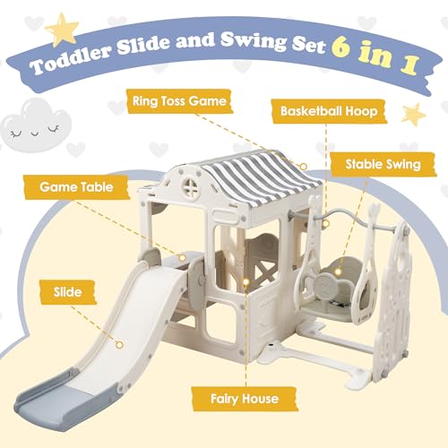 KZPFER 6-in-1 Toddler Slide and Swing Set Off-White/Grey