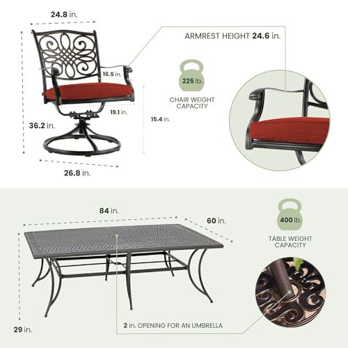 Hanover Traditions 11-Piece Modern Outdoor Dining Set with Rust Resistant Cast Aluminum Table and 10 Red Swivel Rocker Chairs