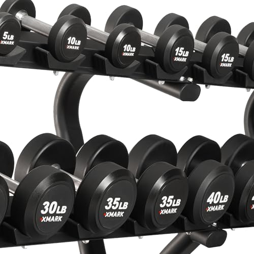 XMark Urethane Dumbbell Set with 3-Tier Rack 5-75lb