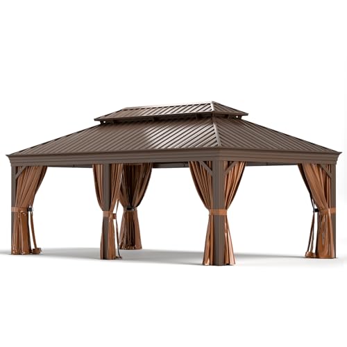 Jolydale Sonegra 12' x 20' Permanent Hardtop Gazebo Aluminum Frame with Curtains & Netting Brown