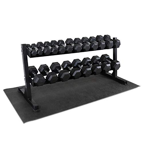 WF Athletic Supply Rubber Coated Hex Dumbbell Set with Rack and Mat - Dumbbells Only 5-50LB with 2-tier Rack and Mat