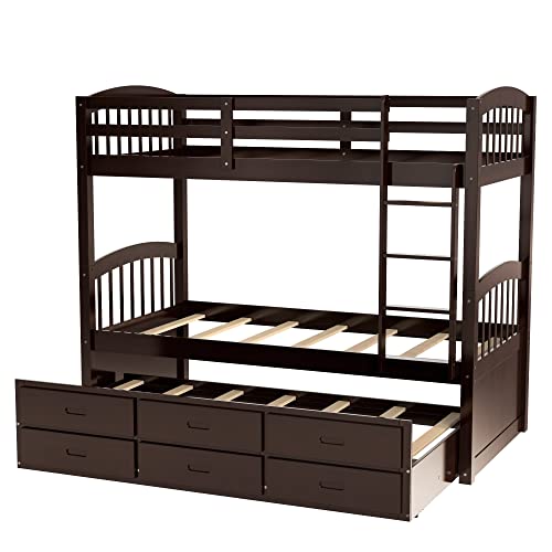 Merax Twin Over Twin Bunk Bed with Trundle & Drawers Espresso