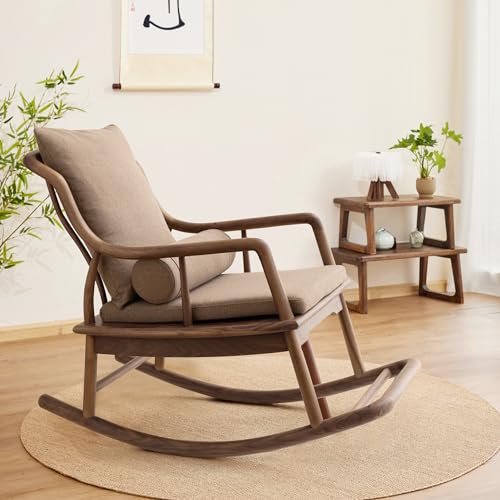 BALANBO Rocking Chair Black Walnut Wood Outdoor & Indoor with Cushion and Backrest Walnut