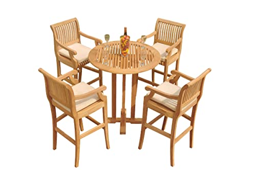 TeakStation Grade-A Teak Wood Giva 5-Piece Bar Set with 36" Round Table & 4 Arm Chairs